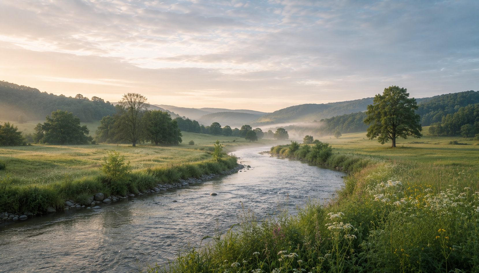Ruhiges Flussufer in stiller Morgenstimmung